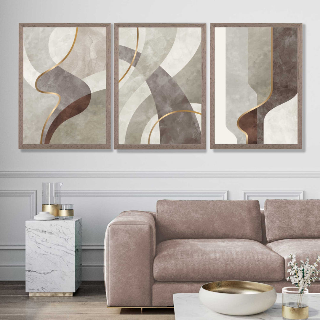 Beige-brunt sett med 3 abstrakte virvelkunsttrykk