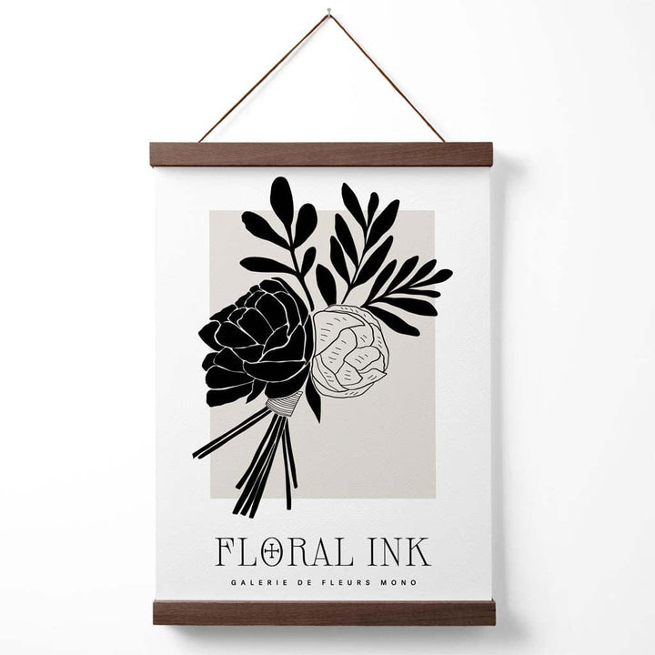 Plakat med lukket peonmotiv i svart og beige (inkludert oppheng)