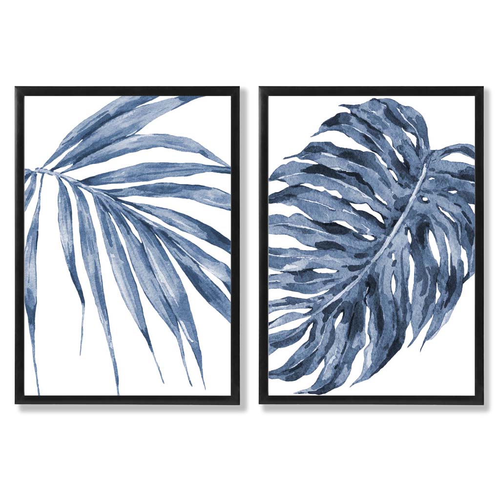 Akvarellrammesett med blå monstera-papyrus og 2 kunsttrykk
