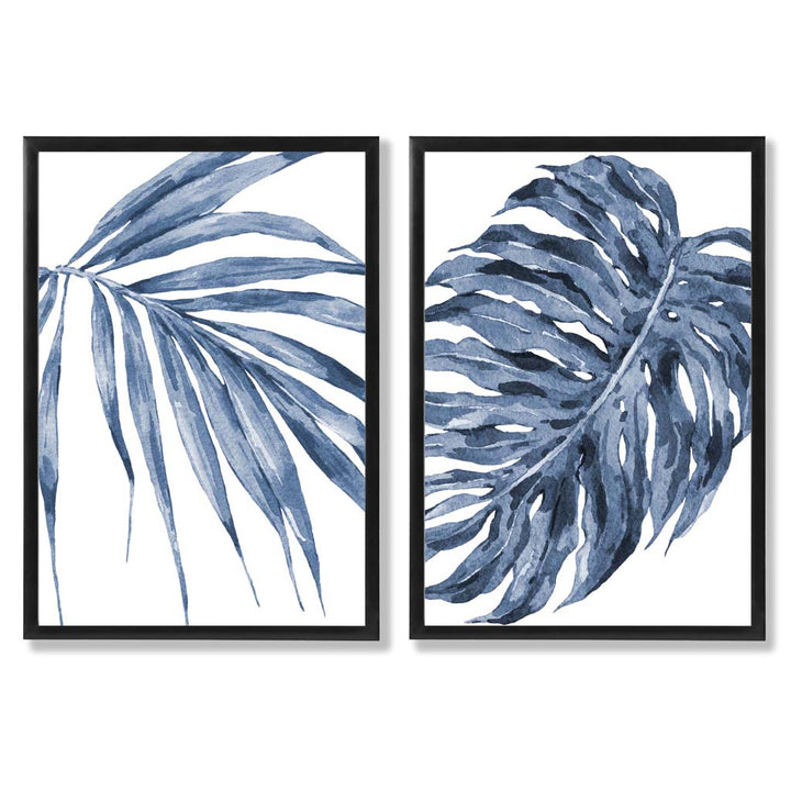 Akvarellrammesett med blå monstera-papyrus og 2 kunsttrykk