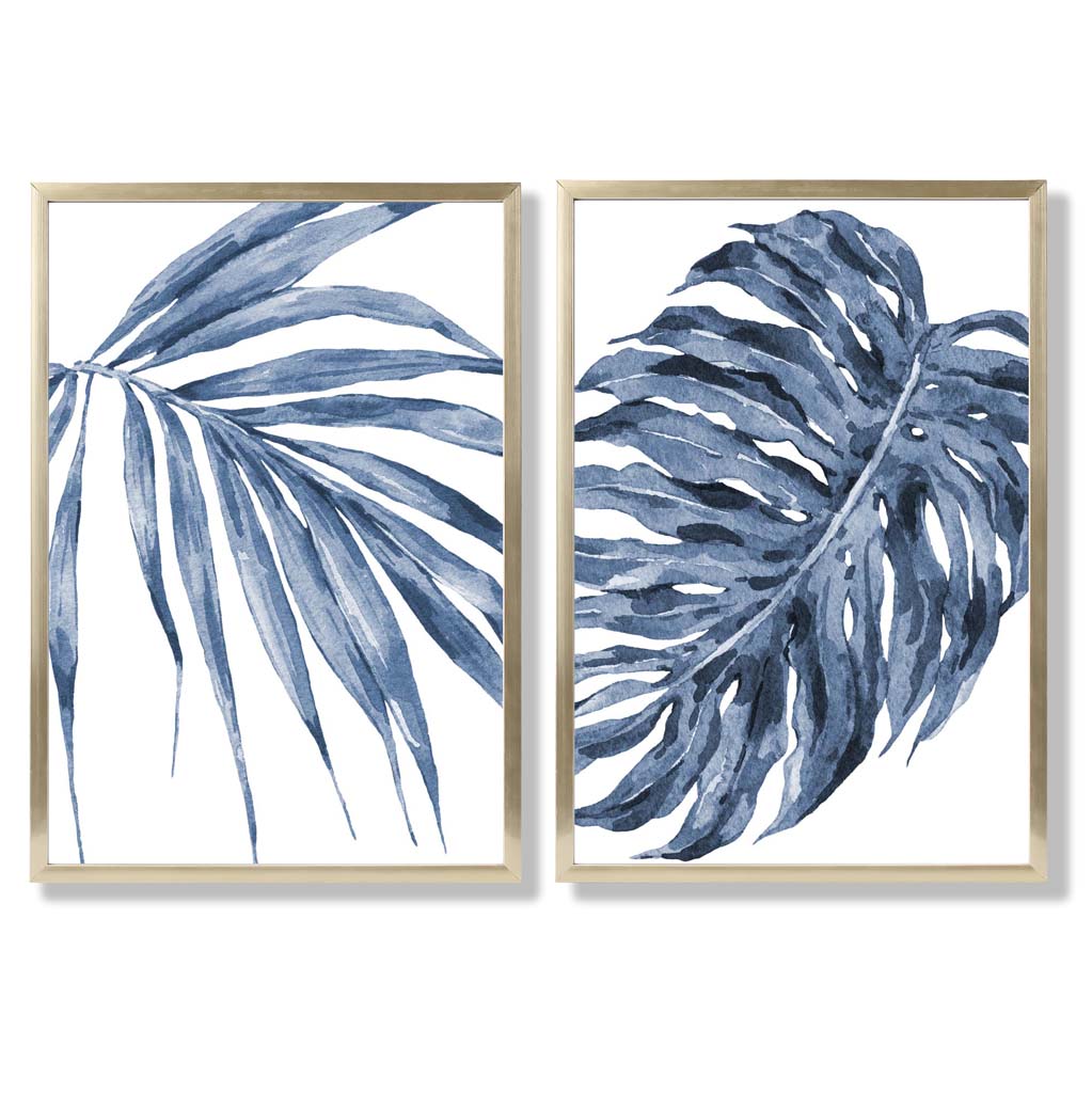 Akvarellrammesett med blå monstera-papyrus og 2 kunsttrykk