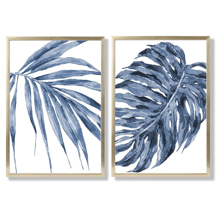 Akvarellrammesett med blå monstera-papyrus og 2 kunsttrykk