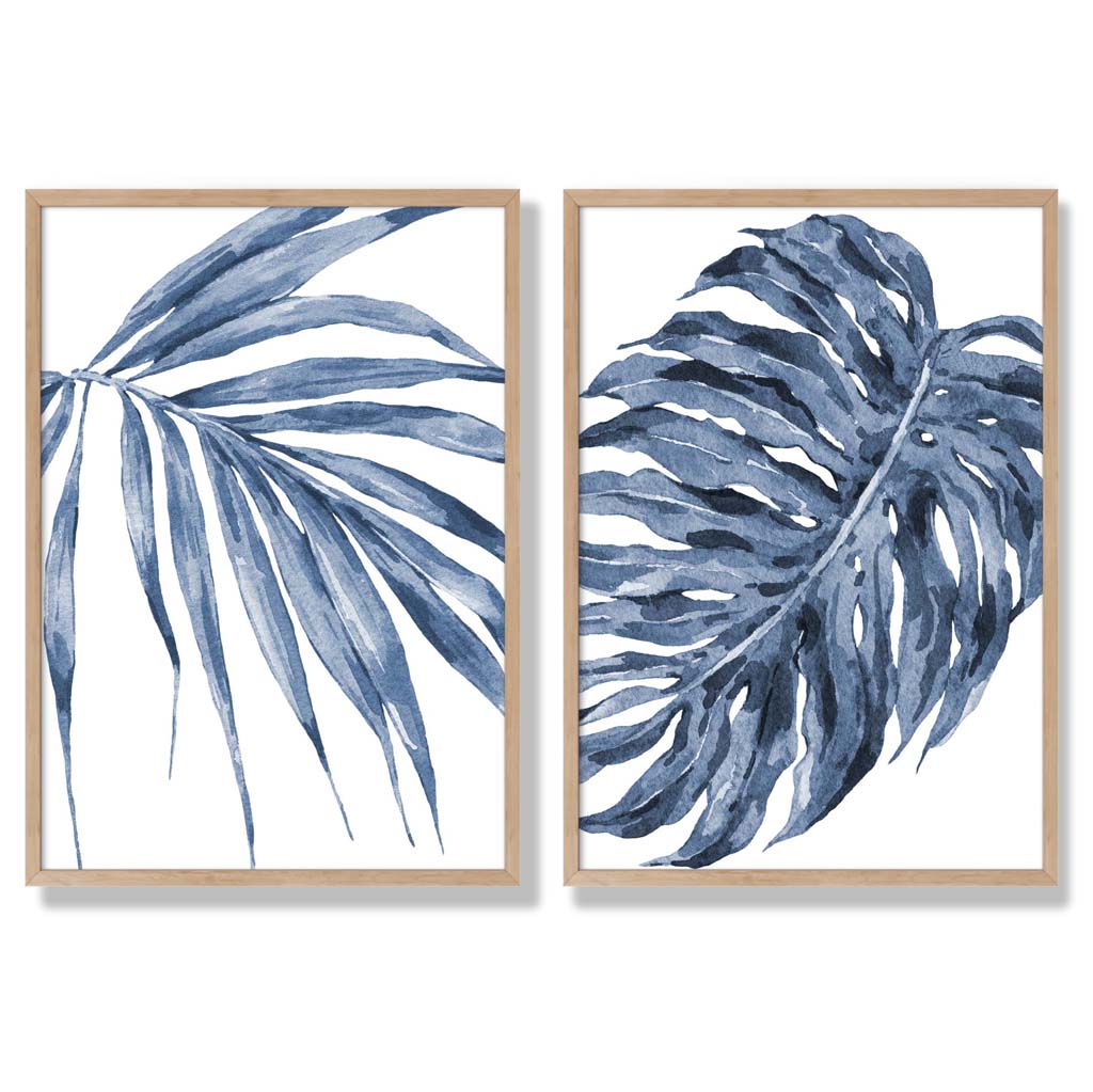 Akvarellrammesett med blå monstera-papyrus og 2 kunsttrykk