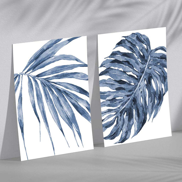Akvarellrammesett med blå monstera-papyrus og 2 kunsttrykk