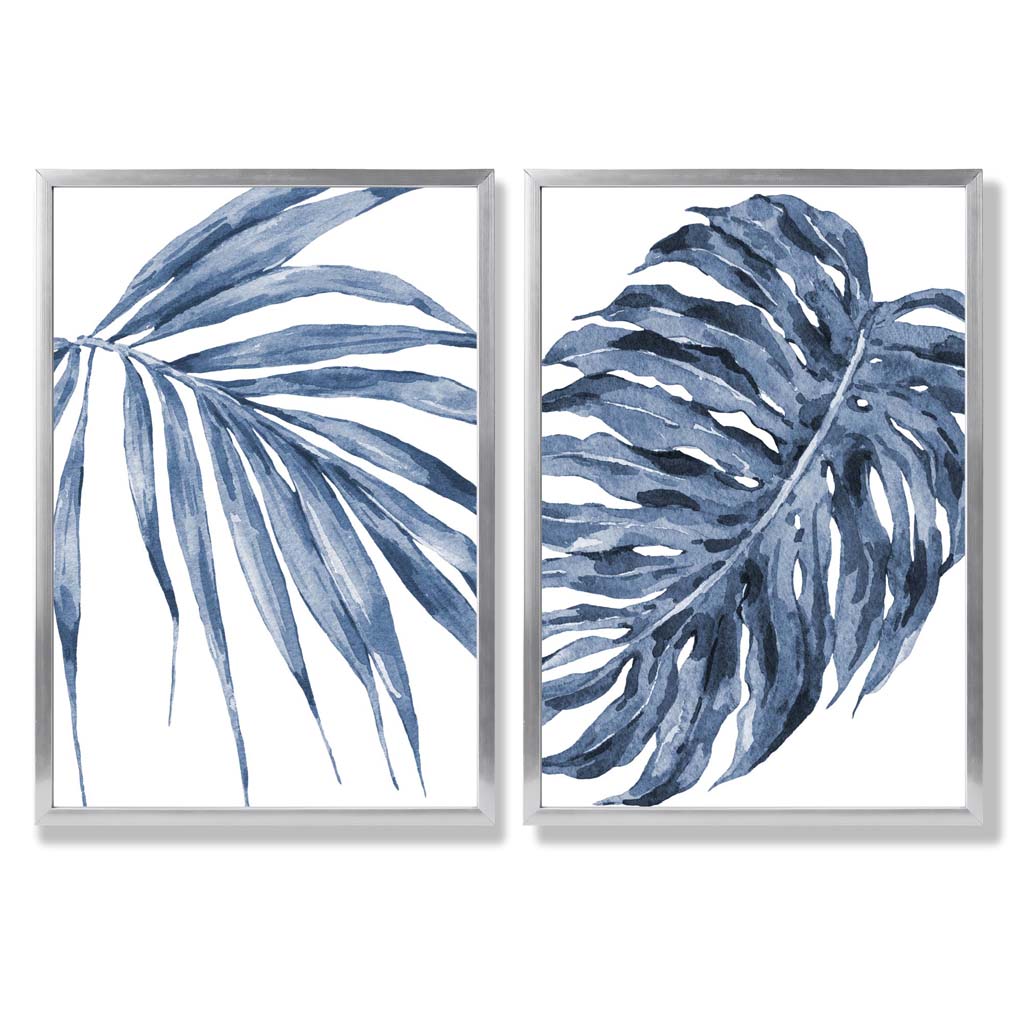 Akvarellrammesett med blå monstera-papyrus og 2 kunsttrykk