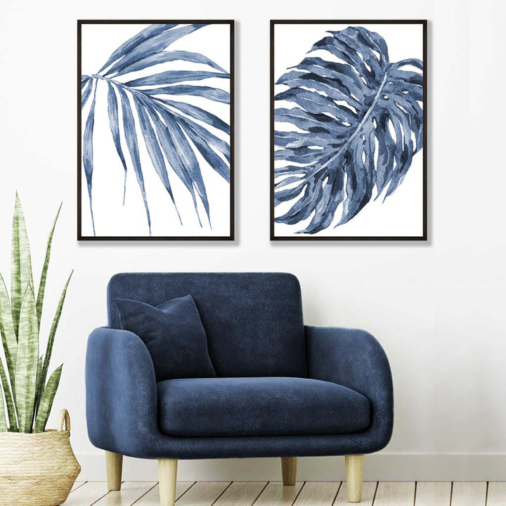 Akvarellrammesett med blå monstera-papyrus og 2 kunsttrykk