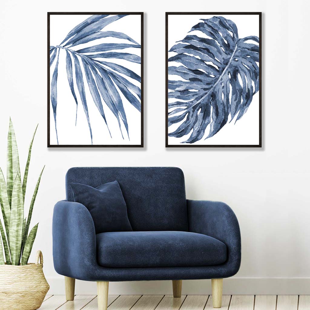 Blå monstera papyrus akvarellsett med 2 kunsttrykk