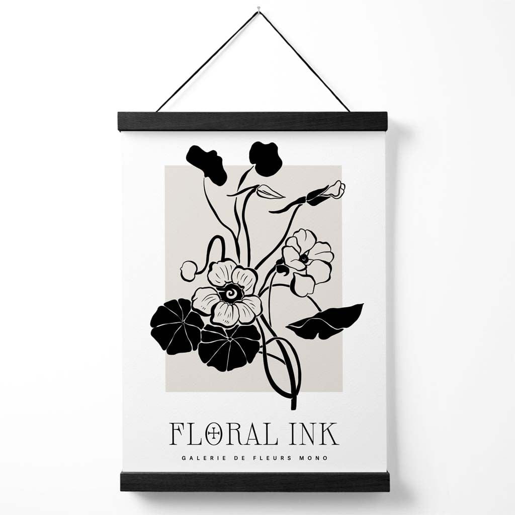 Plakat med blekktegning av nasturtiumblomster i svart og beige, inkludert oppheng.