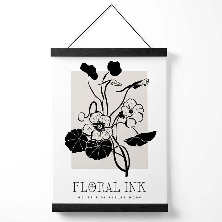 Plakat med blekktegning av nasturtiumblomster i svart og beige, inkludert oppheng.