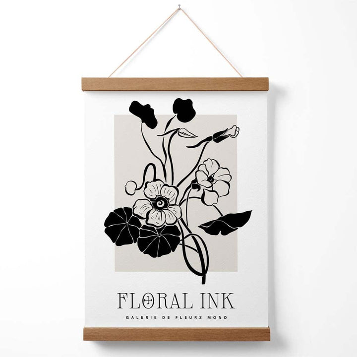 Plakat med blekktegning av nasturtiumblomster i svart og beige, inkludert oppheng.