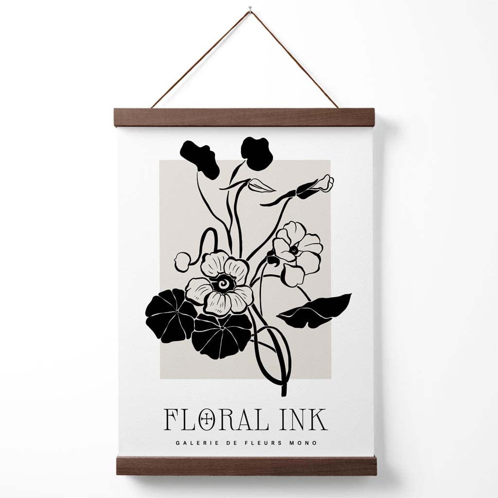 Plakat med blekktegning av nasturtiumblomster i svart og beige, inkludert oppheng.
