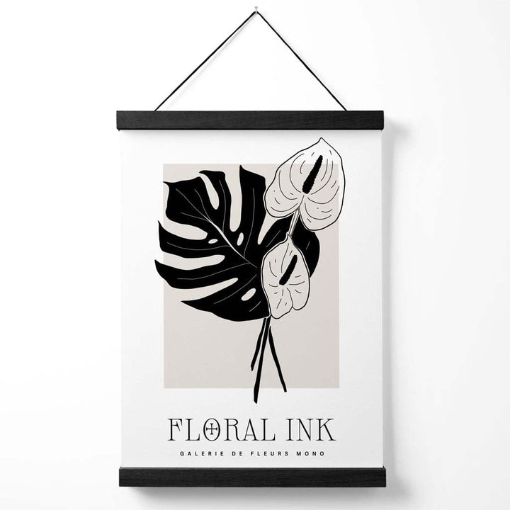 Arumlilje-plakat med blomstertegning i svart og beige, inkludert oppheng.