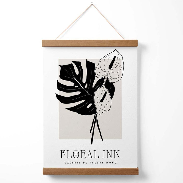 Arumlilje-plakat med blomstertegning i svart og beige, inkludert oppheng.