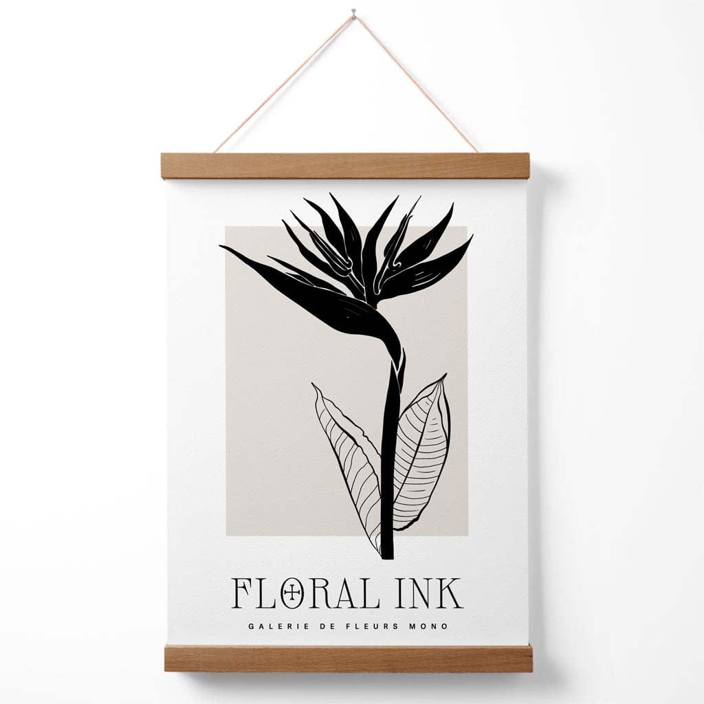 Blomsterplakat med blekktegning og blomster fra Paradisets fugl med oppheng