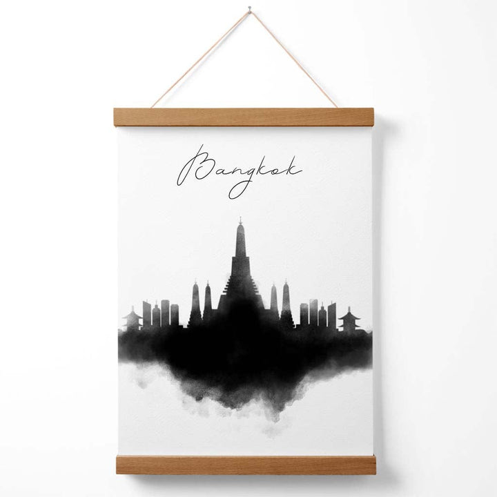 Bangkok akvarell plakat med bysilhuett og oppheng