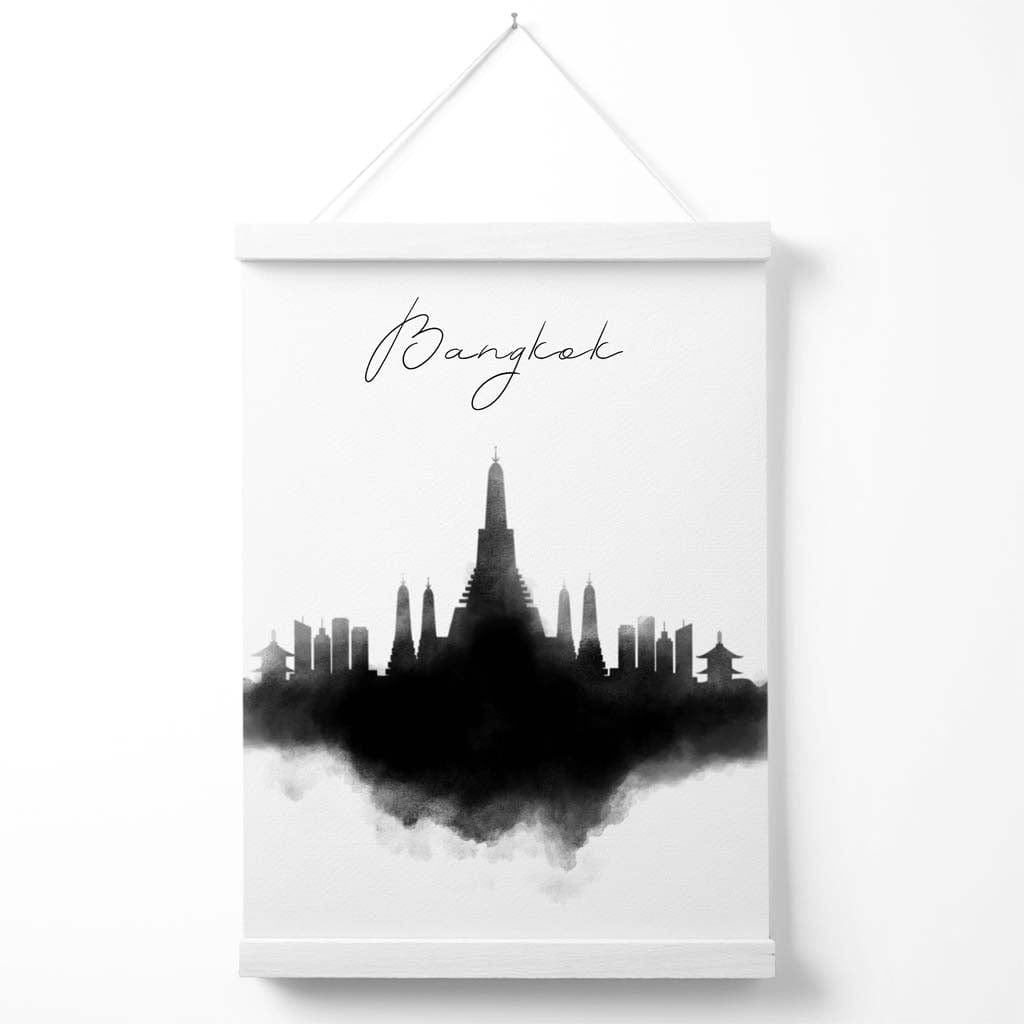 Bangkok akvarell plakat med bysilhuett og oppheng