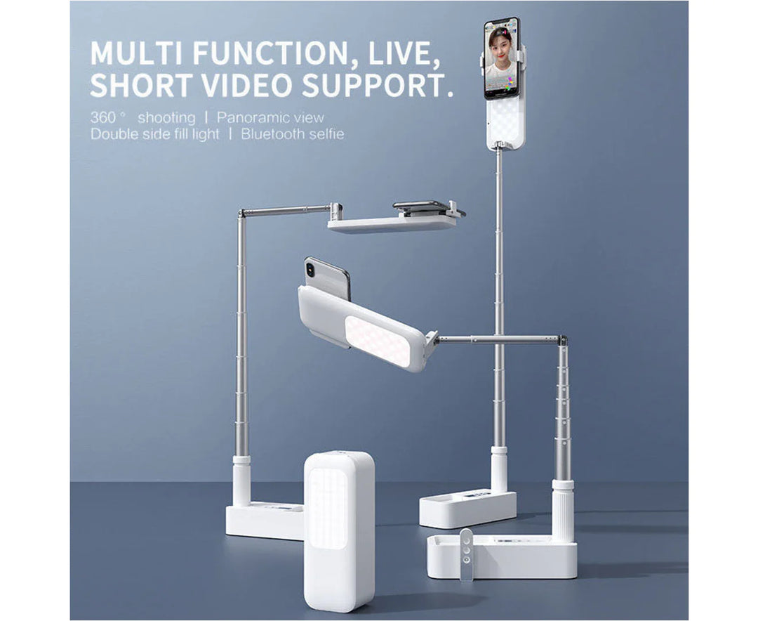 Justerbar 90 cm telefonstativ med 360° rotasjon, innebygd lys og trådløs fjernkontroll - perfekt for videografi, vlogging eller direktesending Skanto