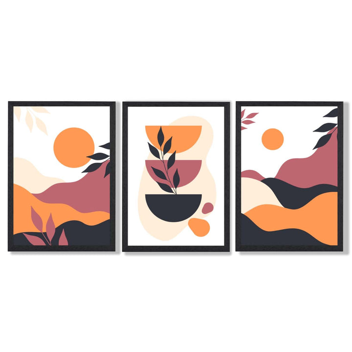 Bohemsk stil, livlig rosa-oransje, sett med 3 innrammede kunsttrykk
