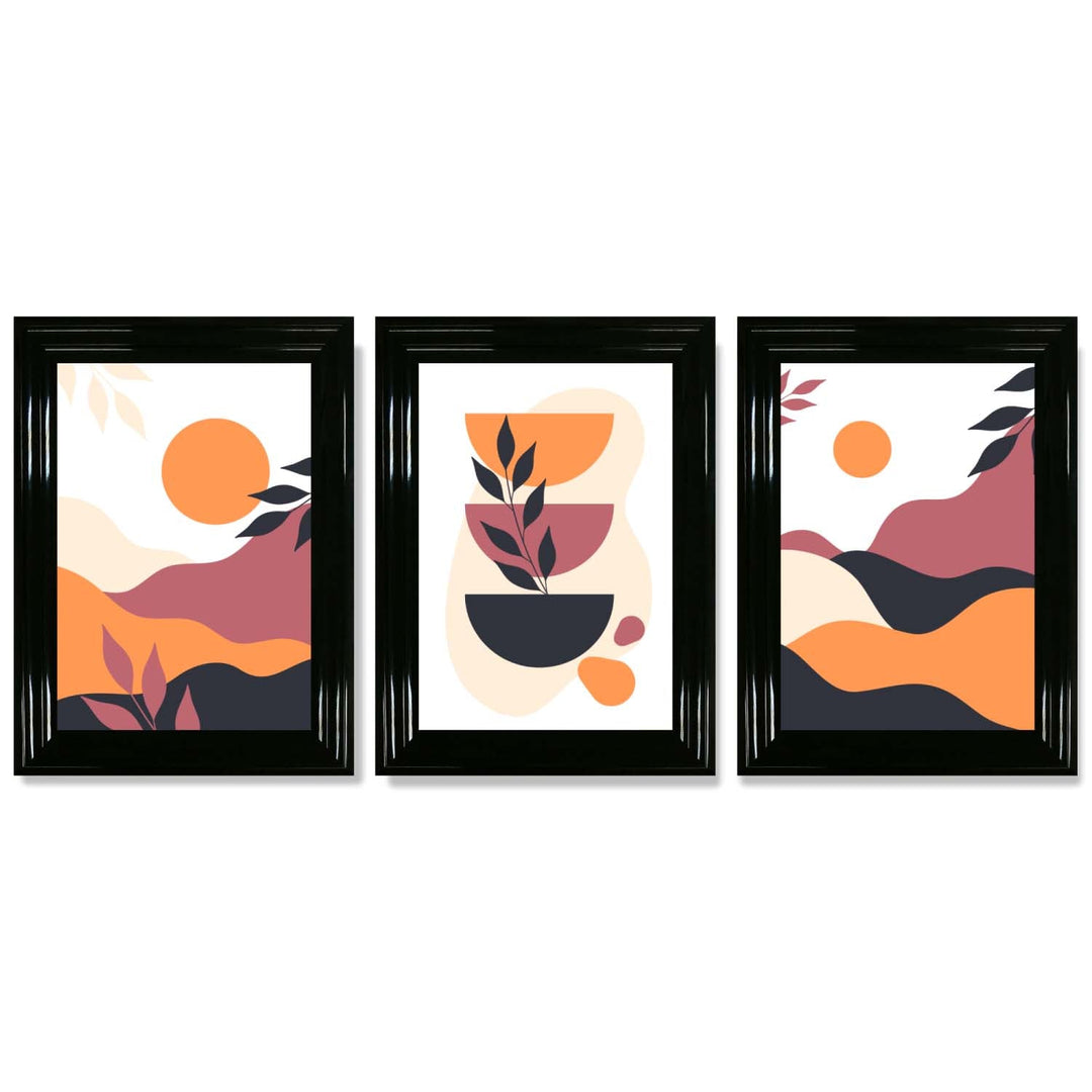 Bohemsk stil, livlig rosa-oransje, sett med 3 innrammede kunsttrykk