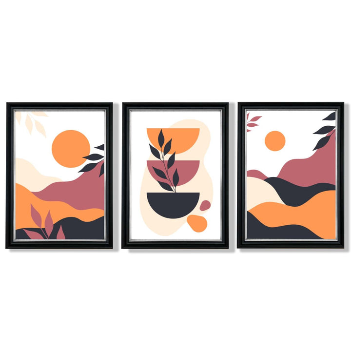 Bohemsk stil, livlig rosa-oransje, sett med 3 innrammede kunsttrykk