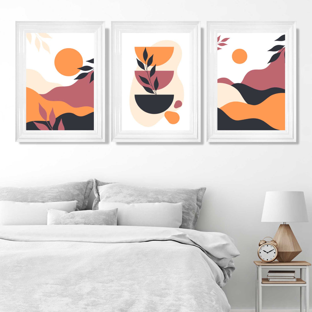 Bohemsk stil, livlig rosa og oransje, sett med 3 kunsttrykk