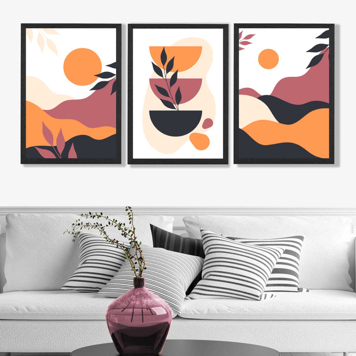 Bohemsk stil, livlig rosa-oransje, sett med 3 innrammede kunsttrykk