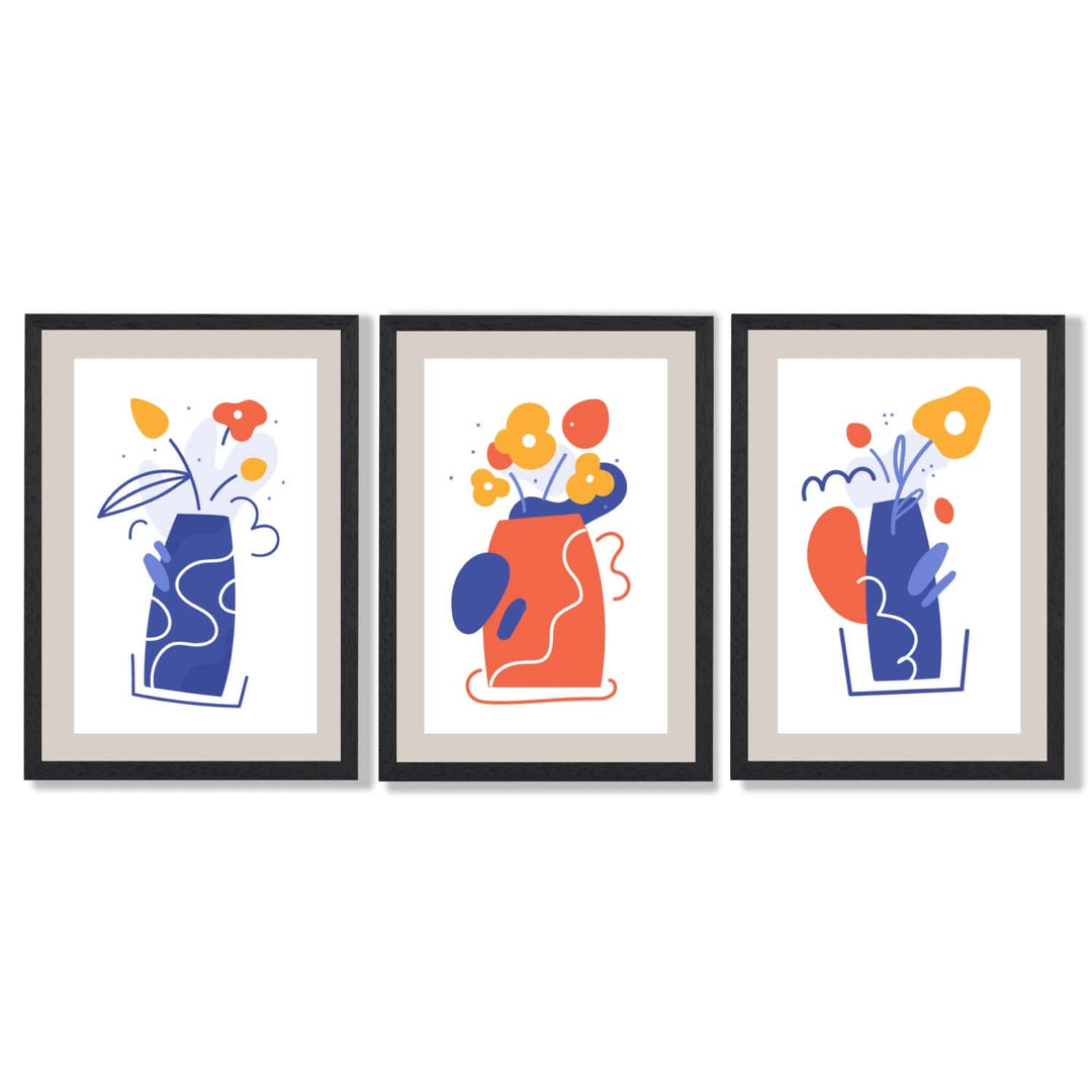 Bohemsk minimalistisk blomstertrykk i blått og oransje – sett med 3 innrammede kunsttrykk