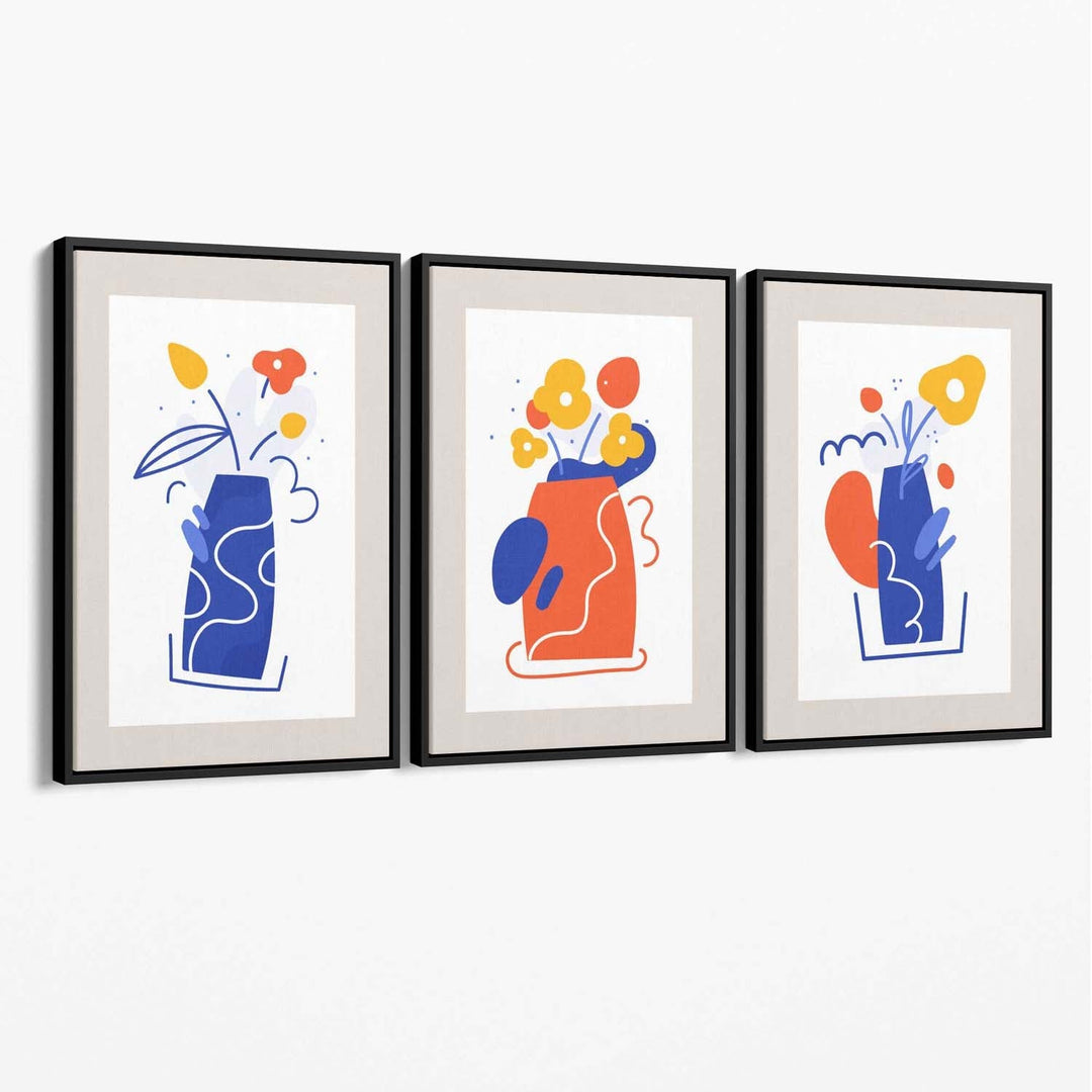Bohemsk minimalistisk blomstermønster i blått og oransje, sett med 3 lerretsbilder
