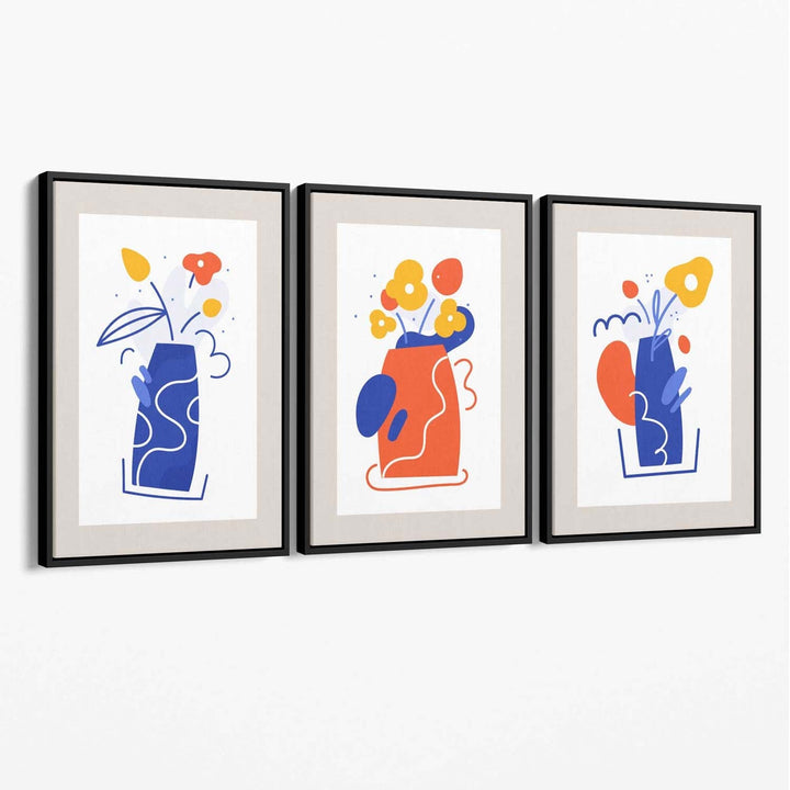 Bohemsk minimalistisk blomstermønster i blått og oransje, sett med 3 lerretsbilder