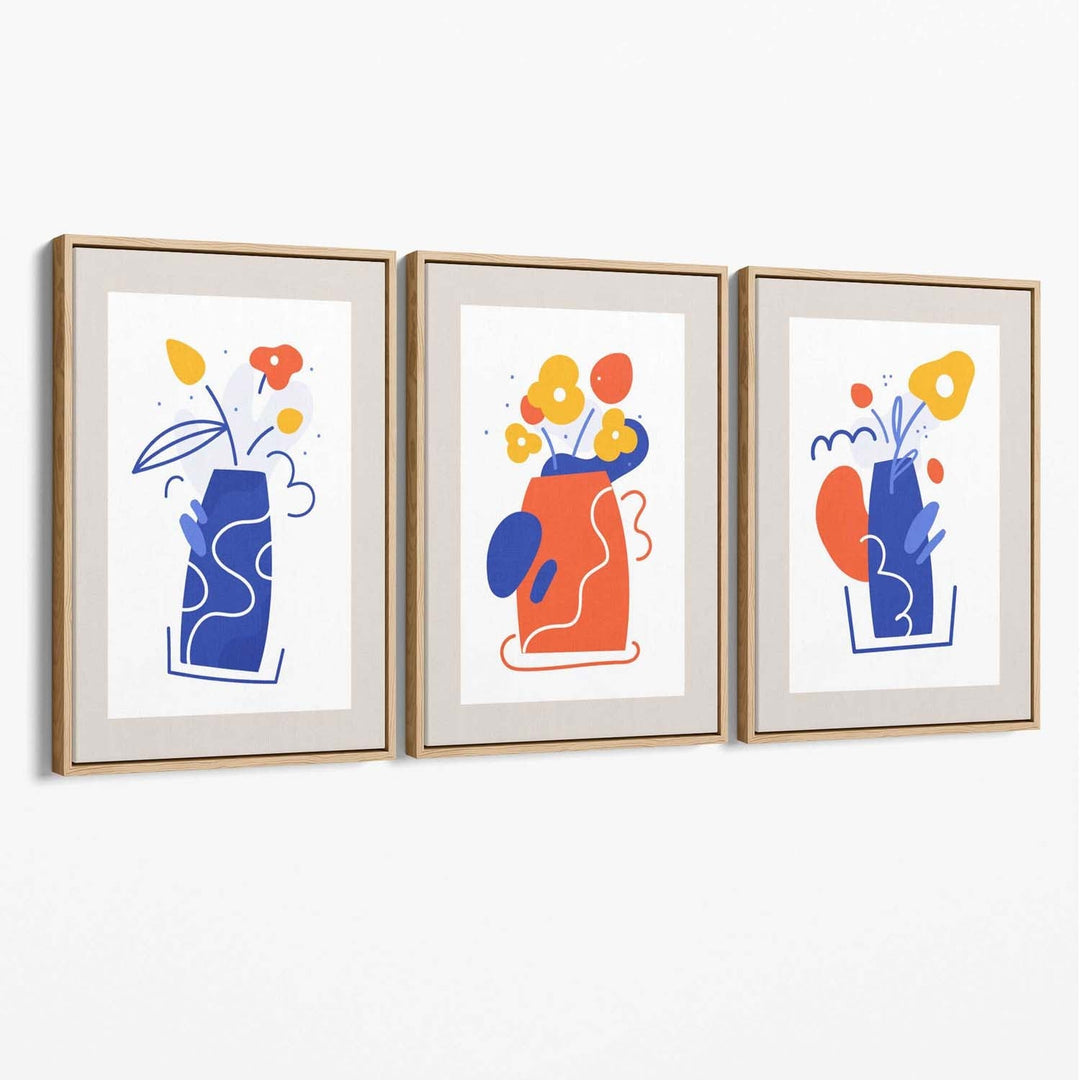 Bohemsk minimalistisk blomstermønster i blått og oransje, sett med 3 lerretsbilder