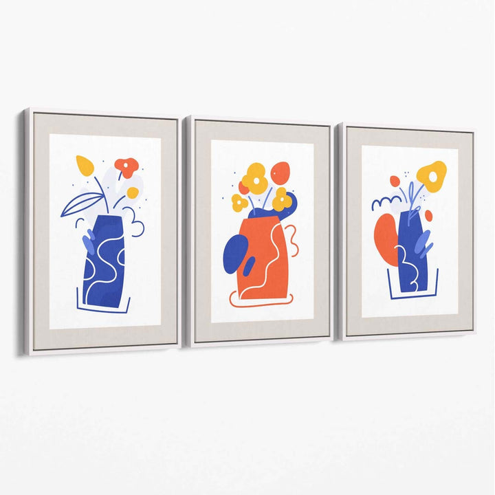 Bohemsk minimalistisk blomstermønster i blått og oransje, sett med 3 lerretsbilder
