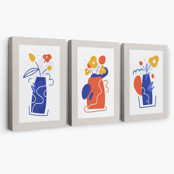 Bohemsk minimalistisk blomstermønster i blått og oransje, sett med 3 lerretsbilder