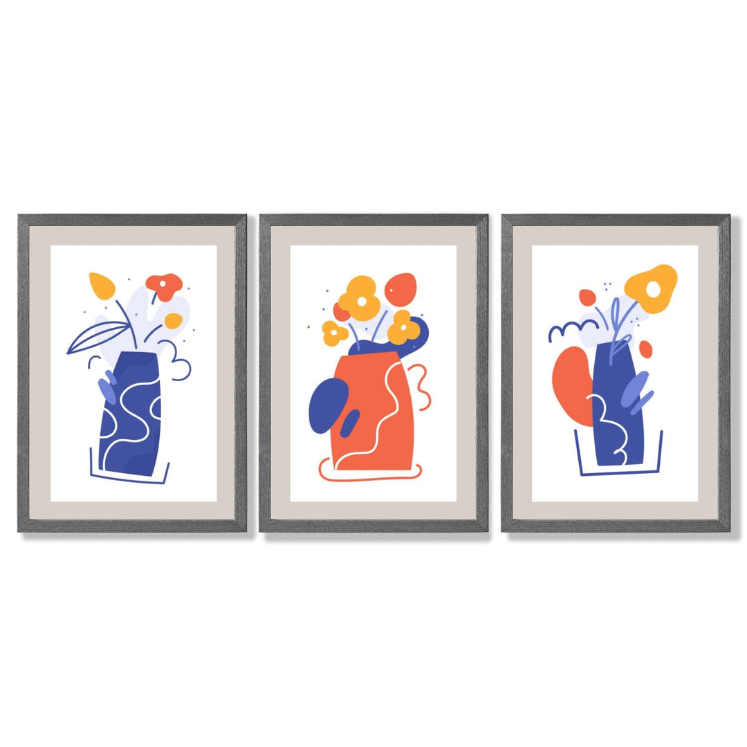 Bohemsk minimalistisk blomstertrykk i blått og oransje – sett med 3 innrammede kunsttrykk