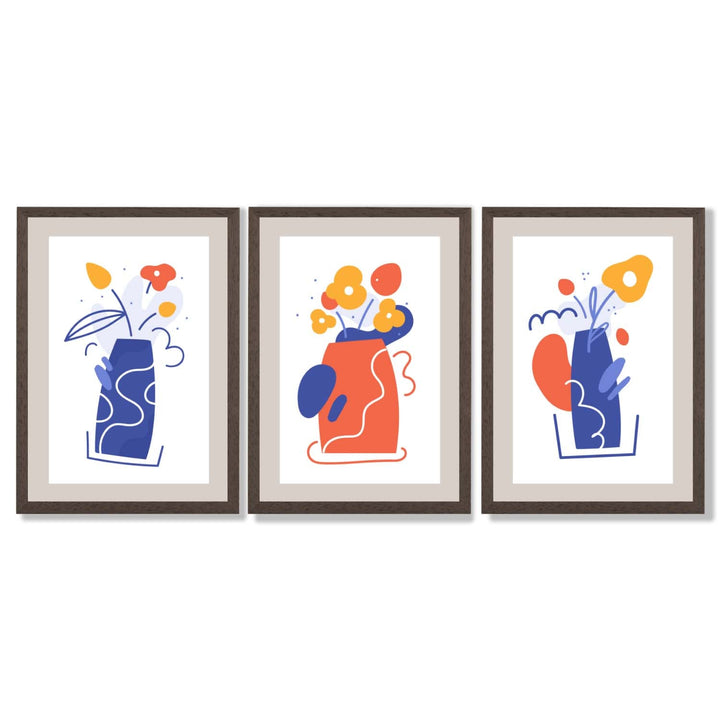 Bohemsk minimalistisk blomstertrykk i blått og oransje – sett med 3 innrammede kunsttrykk