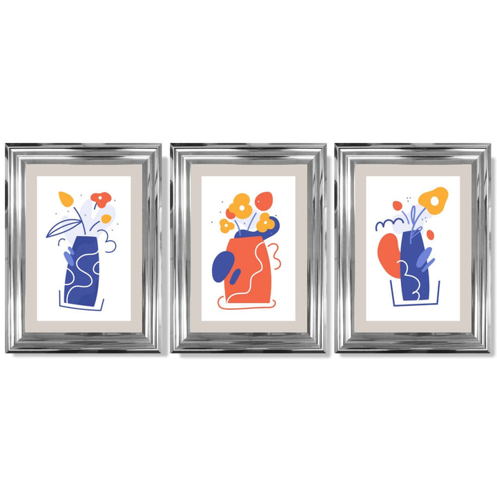 Bohemsk minimalistisk blomstertrykk i blått og oransje – sett med 3 innrammede kunsttrykk