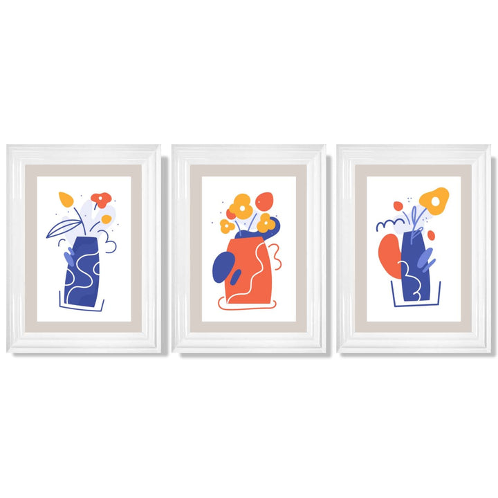 Bohemsk minimalistisk blomstertrykk i blått og oransje – sett med 3 innrammede kunsttrykk