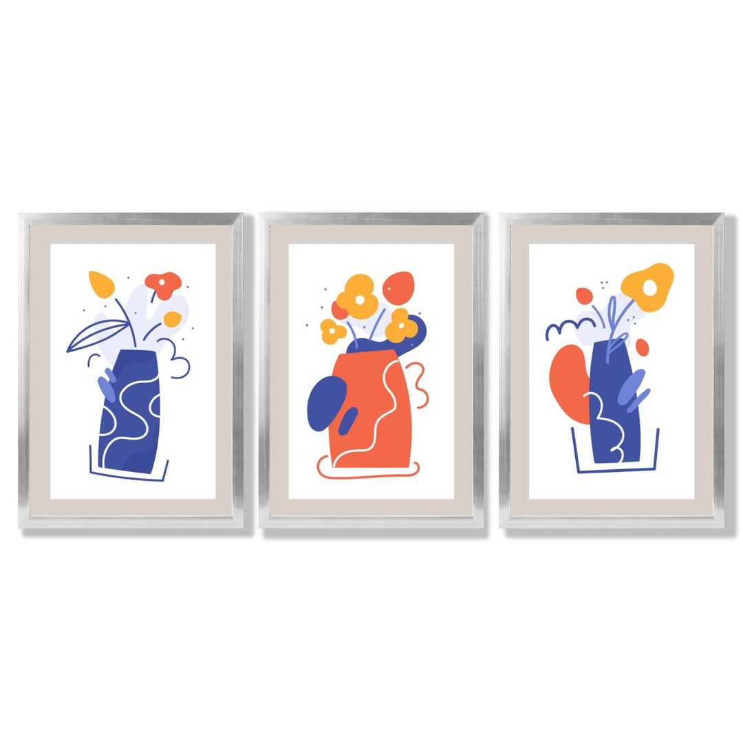 Bohemsk minimalistisk blomstertrykk i blått og oransje – sett med 3 innrammede kunsttrykk