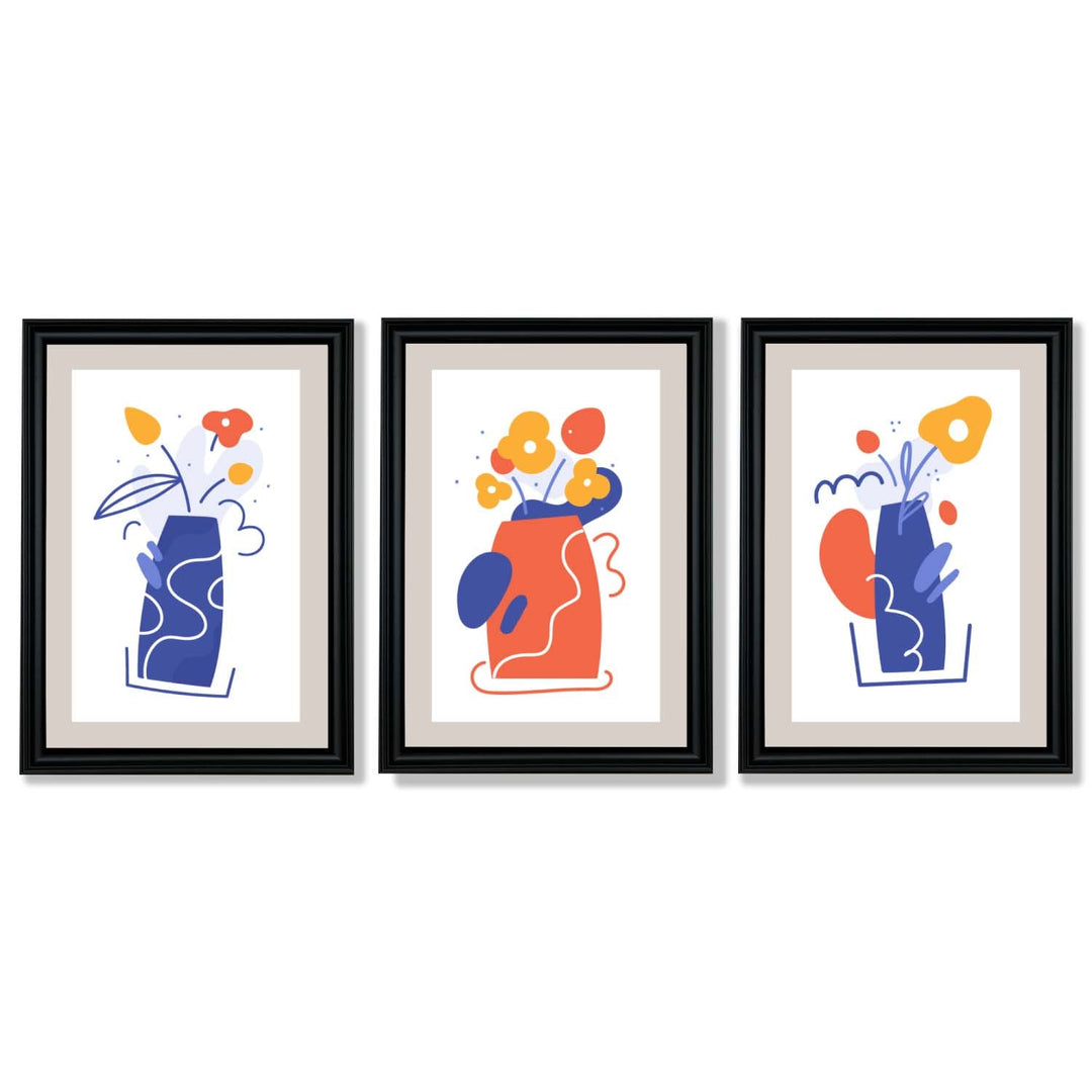 Bohemsk minimalistisk blomstertrykk i blått og oransje – sett med 3 innrammede kunsttrykk