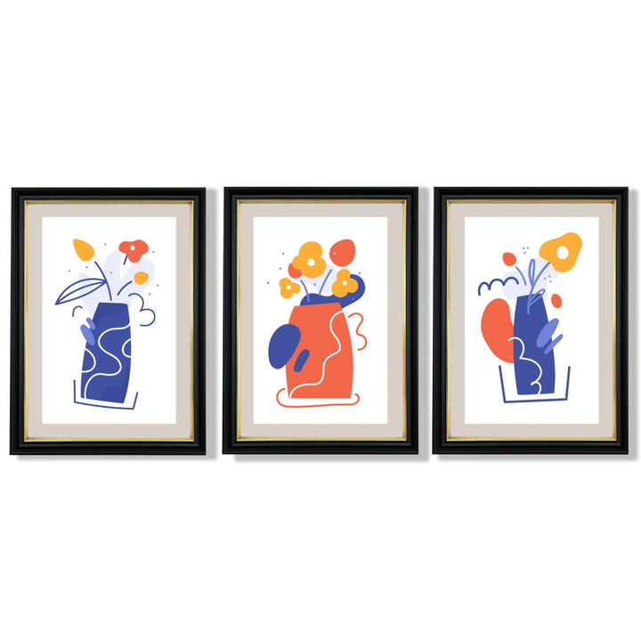Bohemsk minimalistisk blomstertrykk i blått og oransje – sett med 3 innrammede kunsttrykk