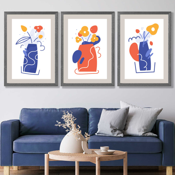 Bohemsk minimalistisk blomstermønster i blått og oransje, sett med 3 kunsttrykk