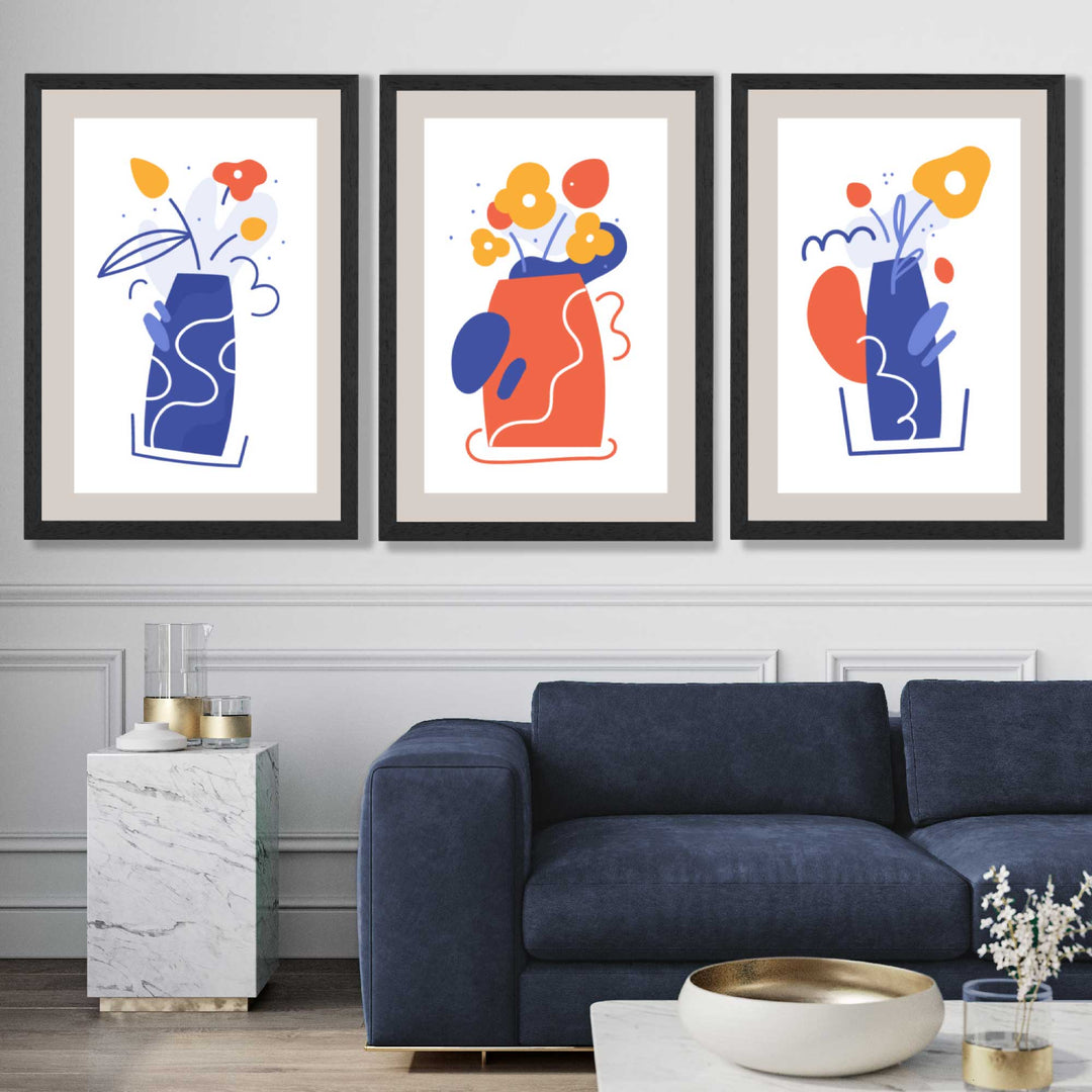 Bohemsk minimalistisk blomstermønster i blått og oransje, sett med 3 kunsttrykk