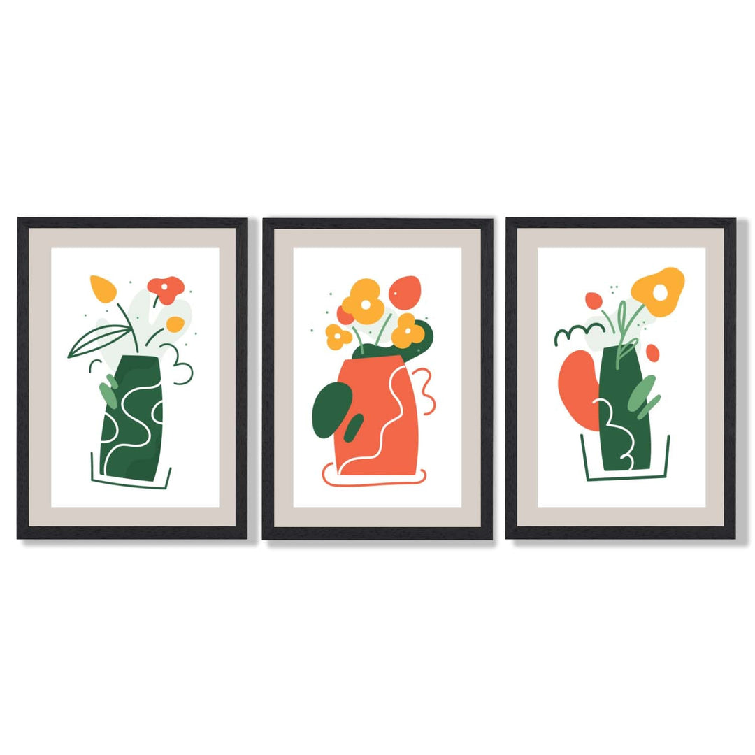 Bohemsk minimalistisk kunsttrykk med blomstermønster i grønt og oransje, sett med 3 innrammede kunsttrykk