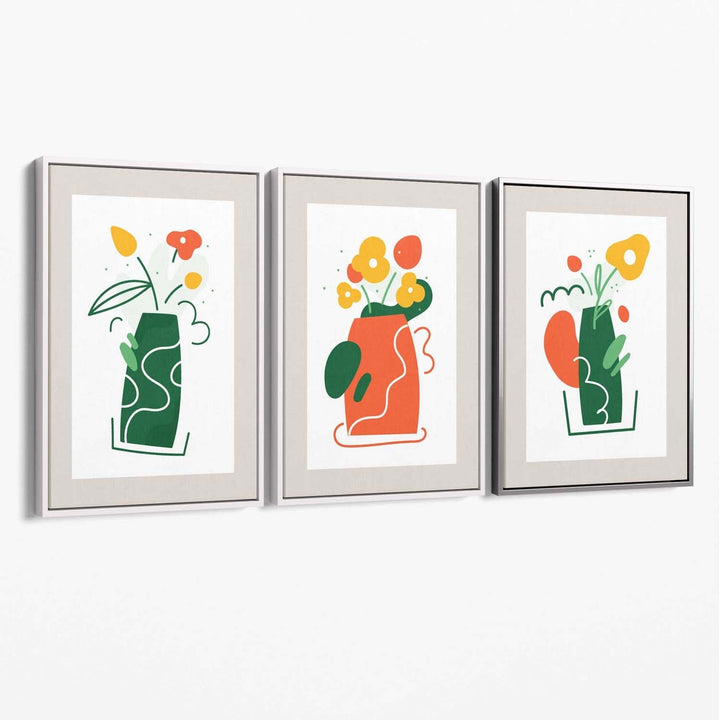 Bohemsk minimalistisk blomstermønster i grønt og oransje, sett med 3 lerretsbilder
