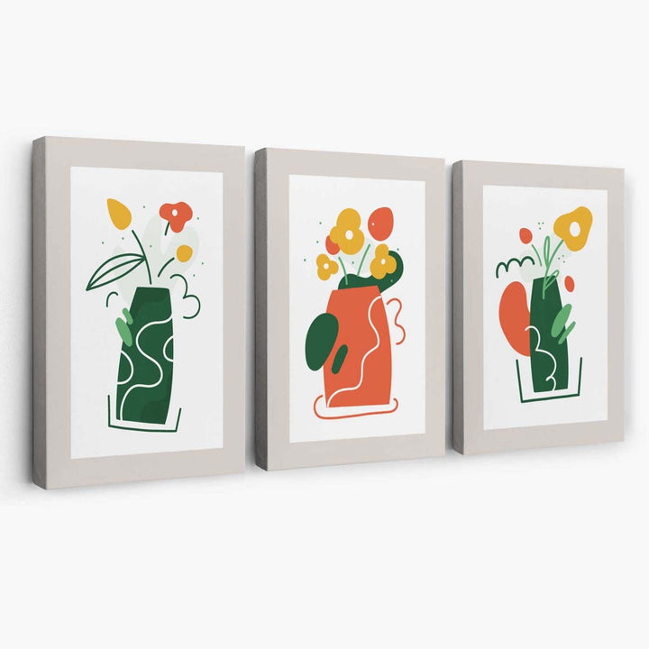 Bohemsk minimalistisk blomstermønster i grønt og oransje, sett med 3 lerretsbilder