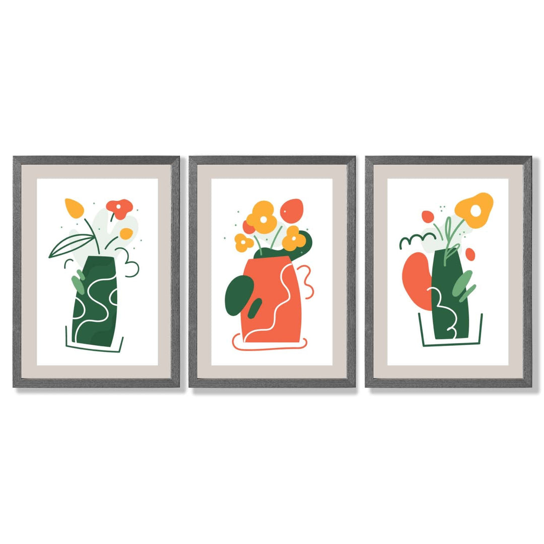 Bohemsk minimalistisk kunsttrykk med blomstermønster i grønt og oransje, sett med 3 innrammede kunsttrykk