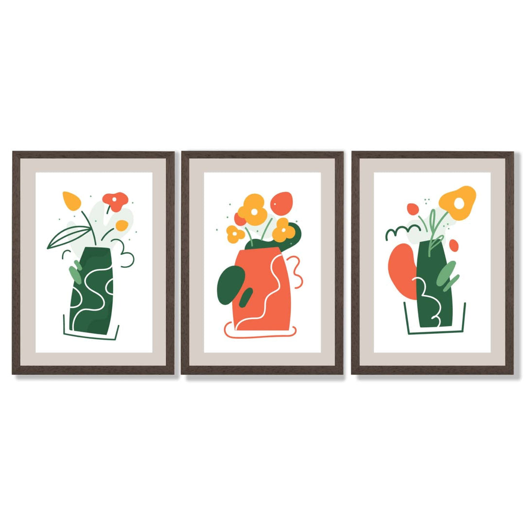 Bohemsk minimalistisk kunsttrykk med blomstermønster i grønt og oransje, sett med 3 innrammede kunsttrykk
