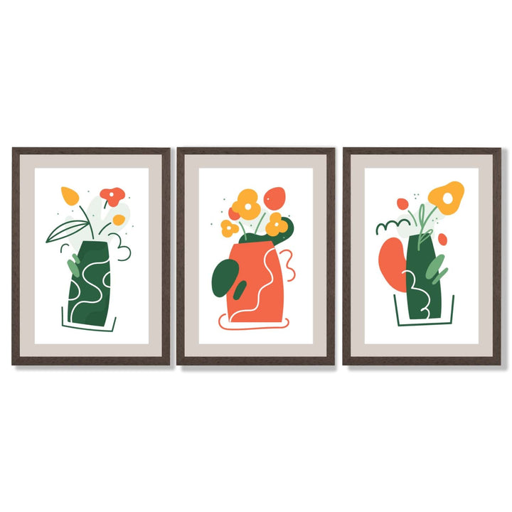 Bohemsk minimalistisk kunsttrykk med blomstermønster i grønt og oransje, sett med 3 innrammede kunsttrykk