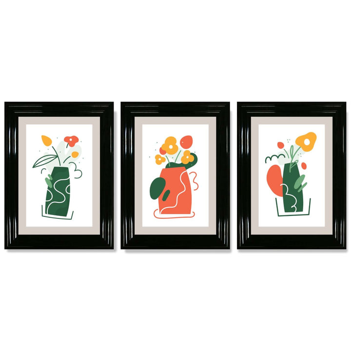 Bohemsk minimalistisk kunsttrykk med blomstermønster i grønt og oransje, sett med 3 innrammede kunsttrykk