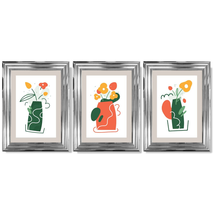 Bohemsk minimalistisk kunsttrykk med blomstermønster i grønt og oransje, sett med 3 innrammede kunsttrykk