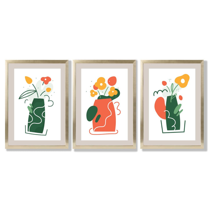 Bohemsk minimalistisk kunsttrykk med blomstermønster i grønt og oransje, sett med 3 innrammede kunsttrykk